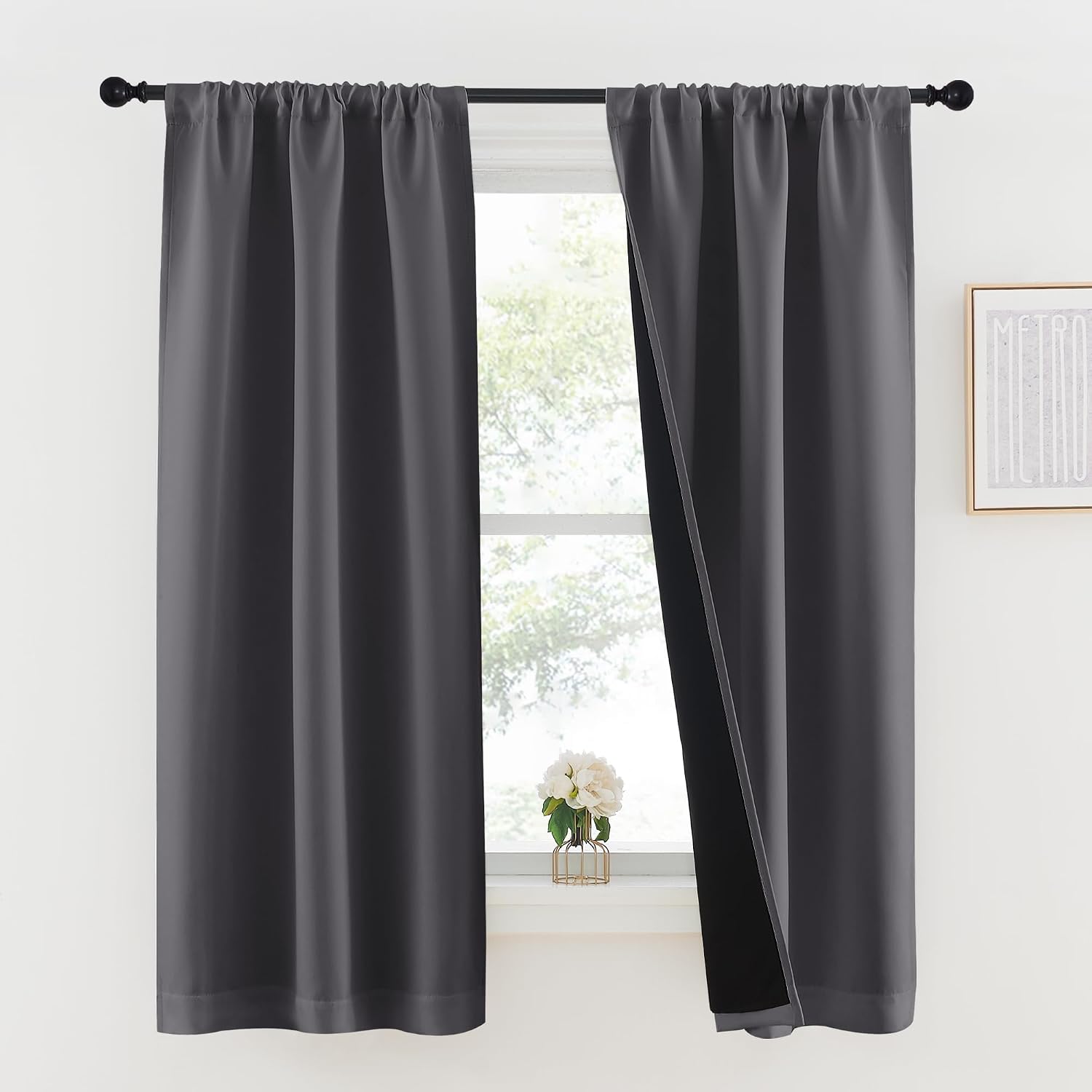 Nicetown Grey 100% Blackout Lined Curtains, 2 Thick Layers Completely Blackout Rod Pocket Thermal Insulated Drapes for Kitchen/Bedroom (1 P…