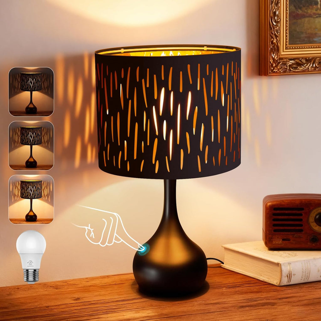 ONEWISH Touch Bedside Lamp for Bedroom, 3-Way Dimmable Table Lamps for Nightstand, Black Cutout Shade with Gold Lining Desk Lamp for…