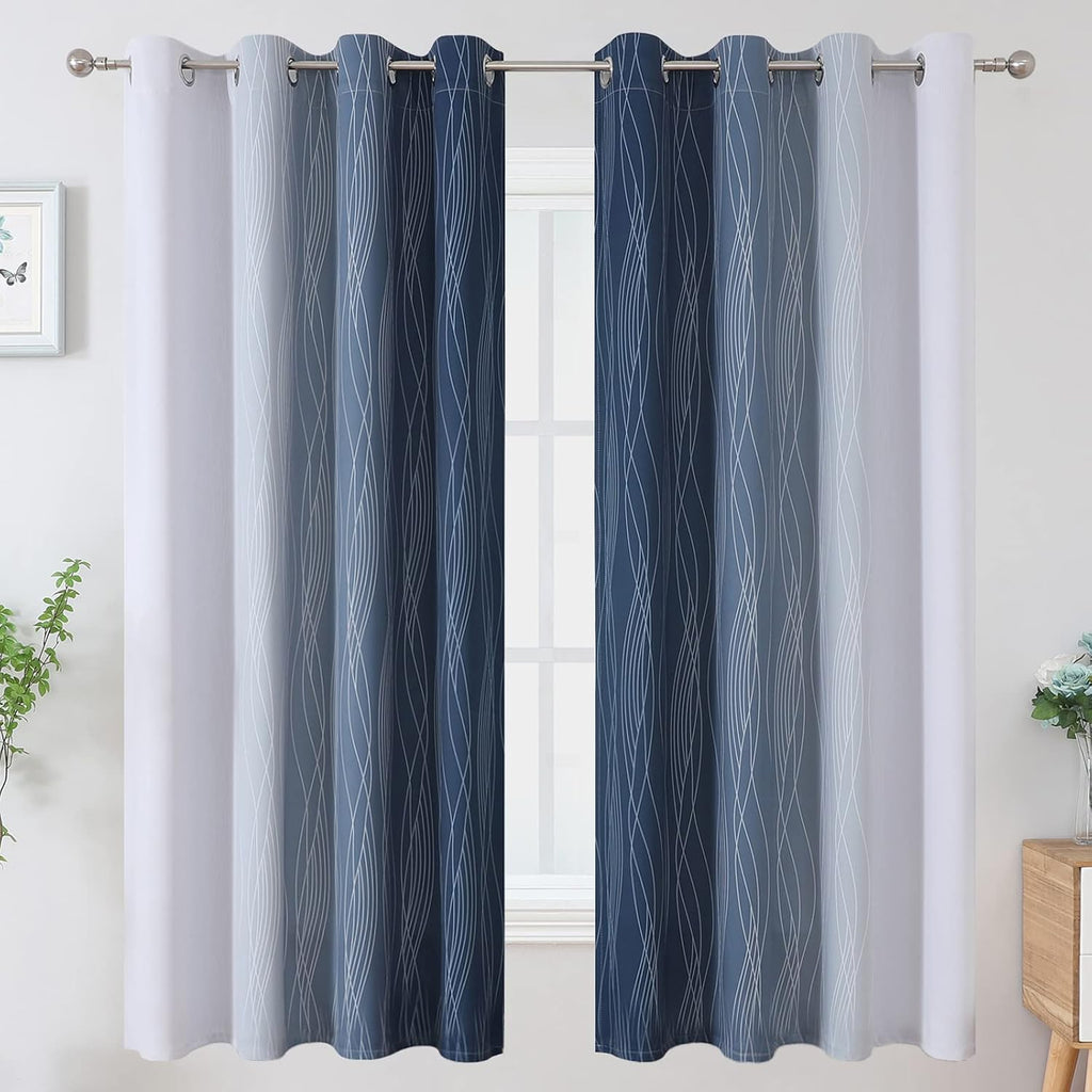 Estelartextiler Estelar Textiler Full Room Darkening Greyish White and Navy Blue Blackout Curtains 63 Inch Length 2 Panels Set, Ombre Therma…