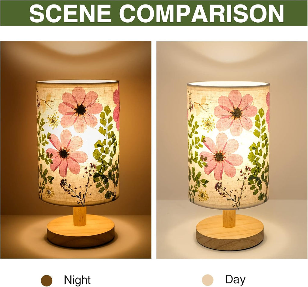 Dried Flowers Small Table Lamp 5W LED 3-Color Bedside Lamp Pressed Flowers Lampshade with Wood Base for Bedroom Living Room Desk Nursery