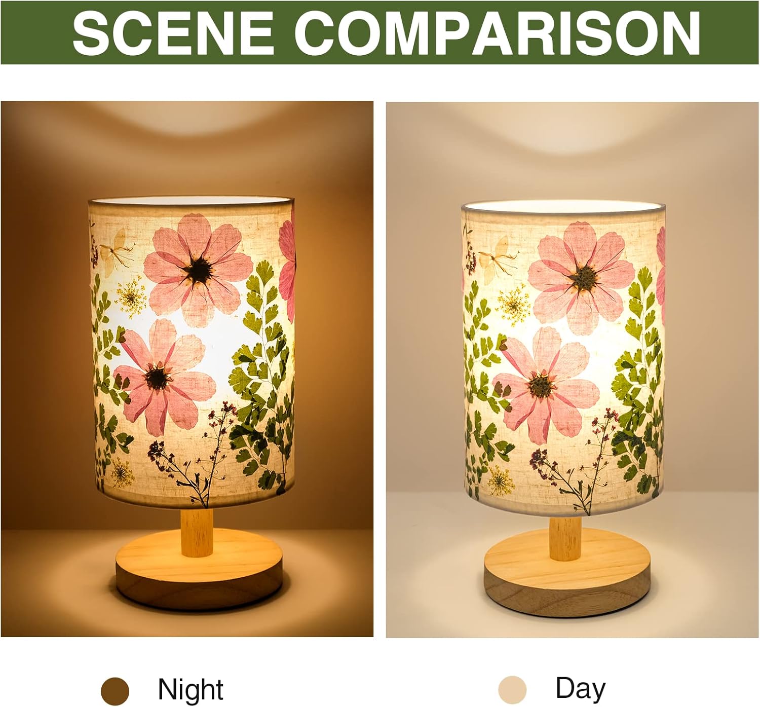 Dried Flowers Small Table Lamp 5W LED 3-Color Bedside Lamp Pressed Flowers Lampshade with Wood Base for Bedroom Living Room Desk Nursery