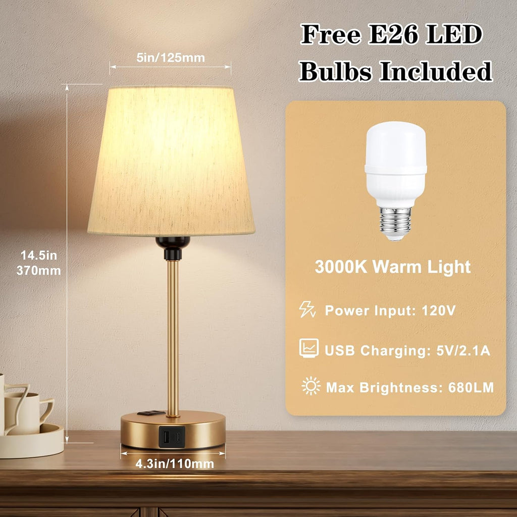 Lamp for bedrooms Set of 2 - Nightstand Bedroom Lamp with USB C Port and AC Outlet Charging, 3 Way Dimmable Touch Control Bed Side Table…