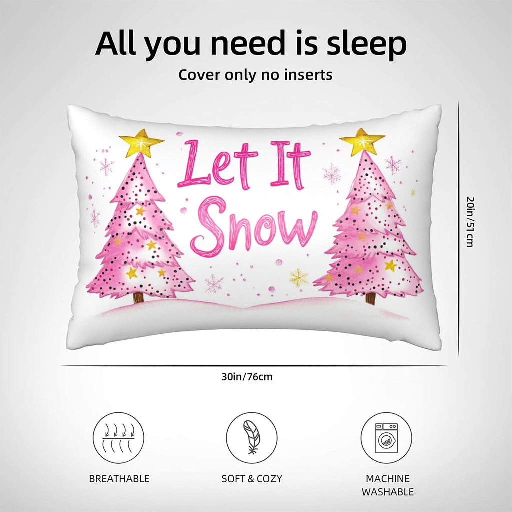 Pink Xmas Trees with Gold Stars Imitation Silk Pillowcase for Hair and Skin Let It Snow 1 Pack Satin Queen Pillowcase with Hidden Zipper…