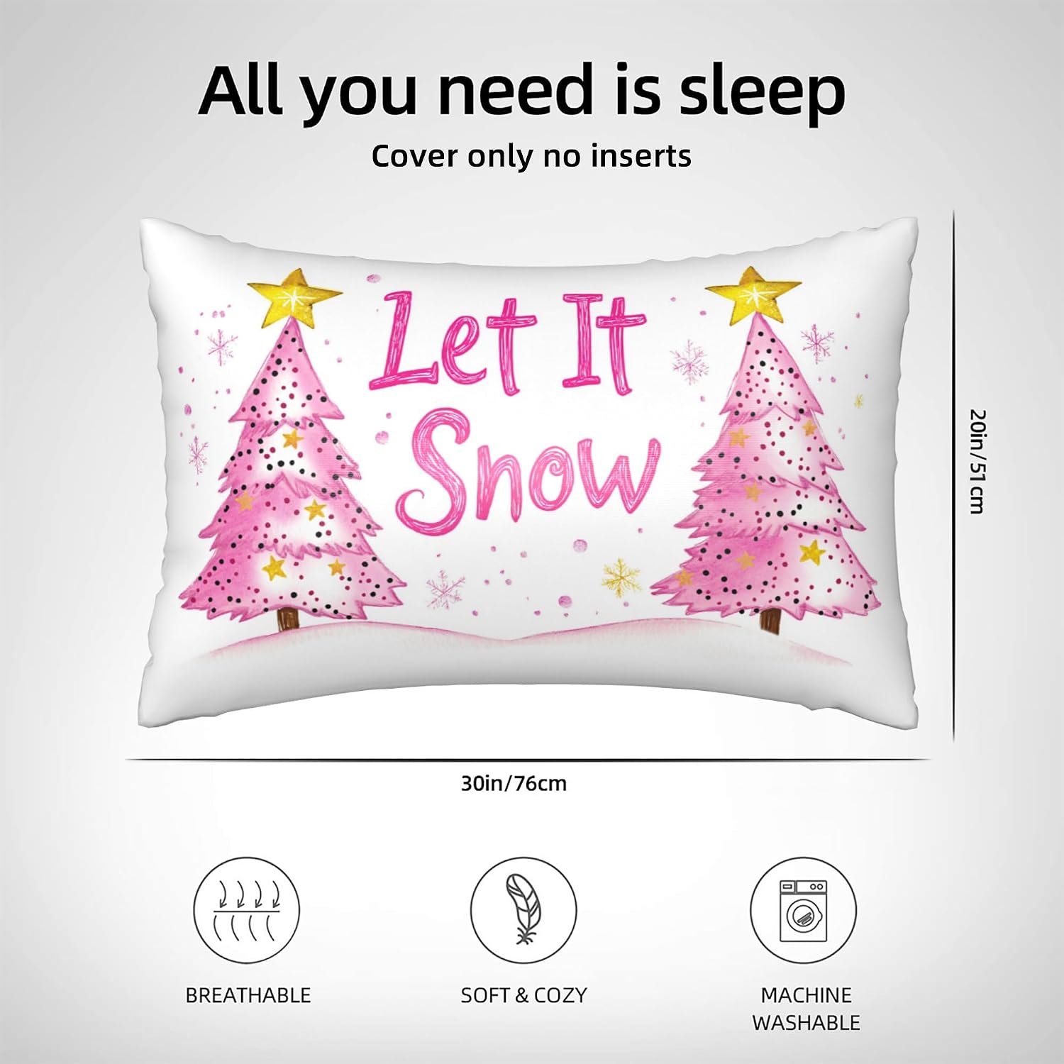 Pink Xmas Trees with Gold Stars Imitation Silk Pillowcase for Hair and Skin Let It Snow 1 Pack Satin Queen Pillowcase with Hidden Zipper…