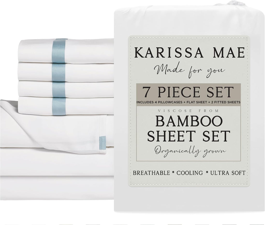 KARISSA MAE 7 Piece Pure Viscose from Bamboo Split King Size Sheet Set | 100% FSC Certified | Luxuriously Soft | Cooling | 18" Deep…