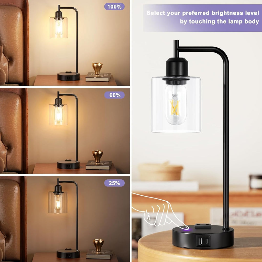 Industrial Touch Table Lamps for Bedrooms Set of 2 - 3-Way Dimmable Nightstand Lamps with USB C+A Ports and Outlet, Black Bedside Lamps…