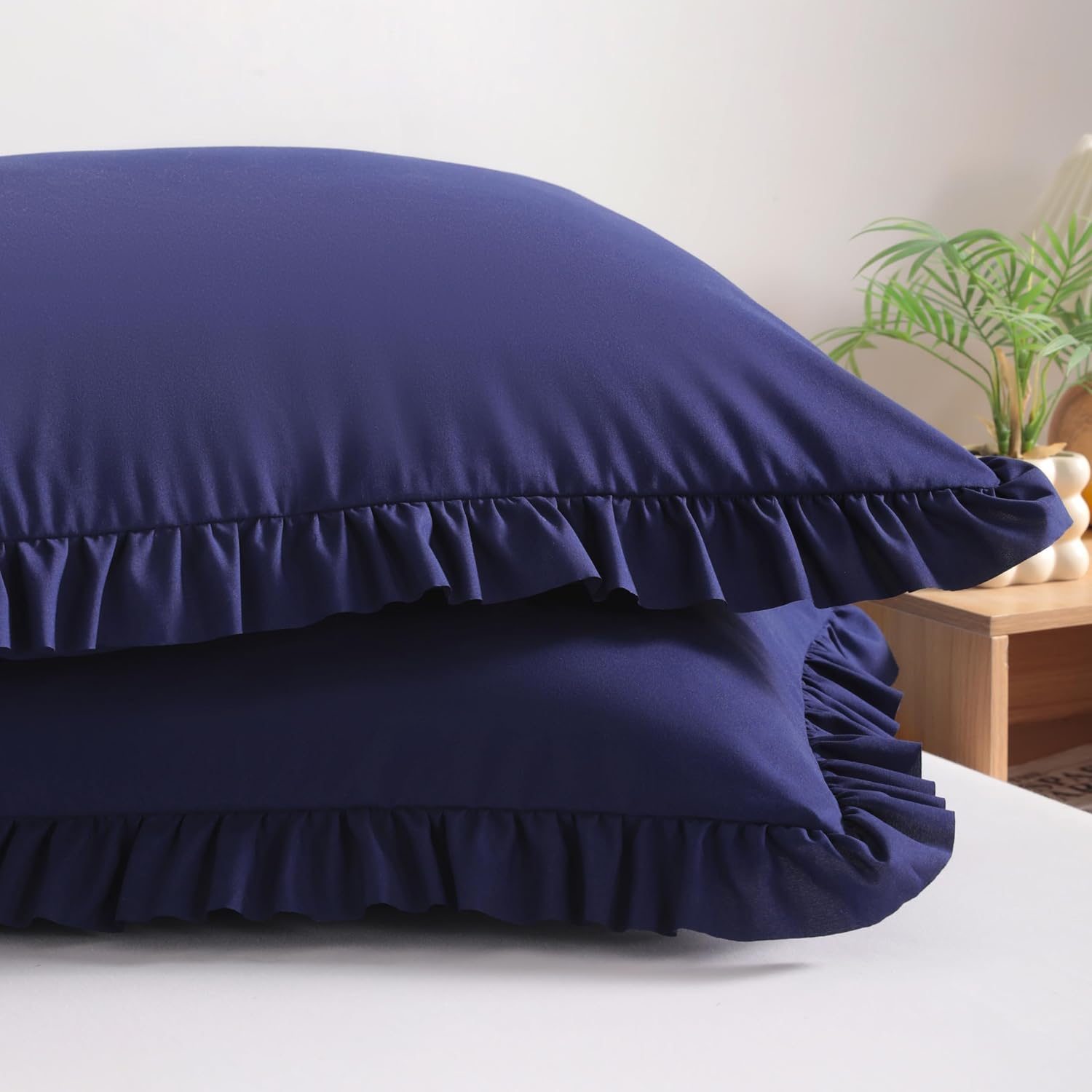 Bedsum Ruffled Pillow Shams Standard 20x26 Set of 2, Brushed Microfiber Pillowcases with Envelope Closure, Soft Wrinkle-Resistant, Navy Blu…