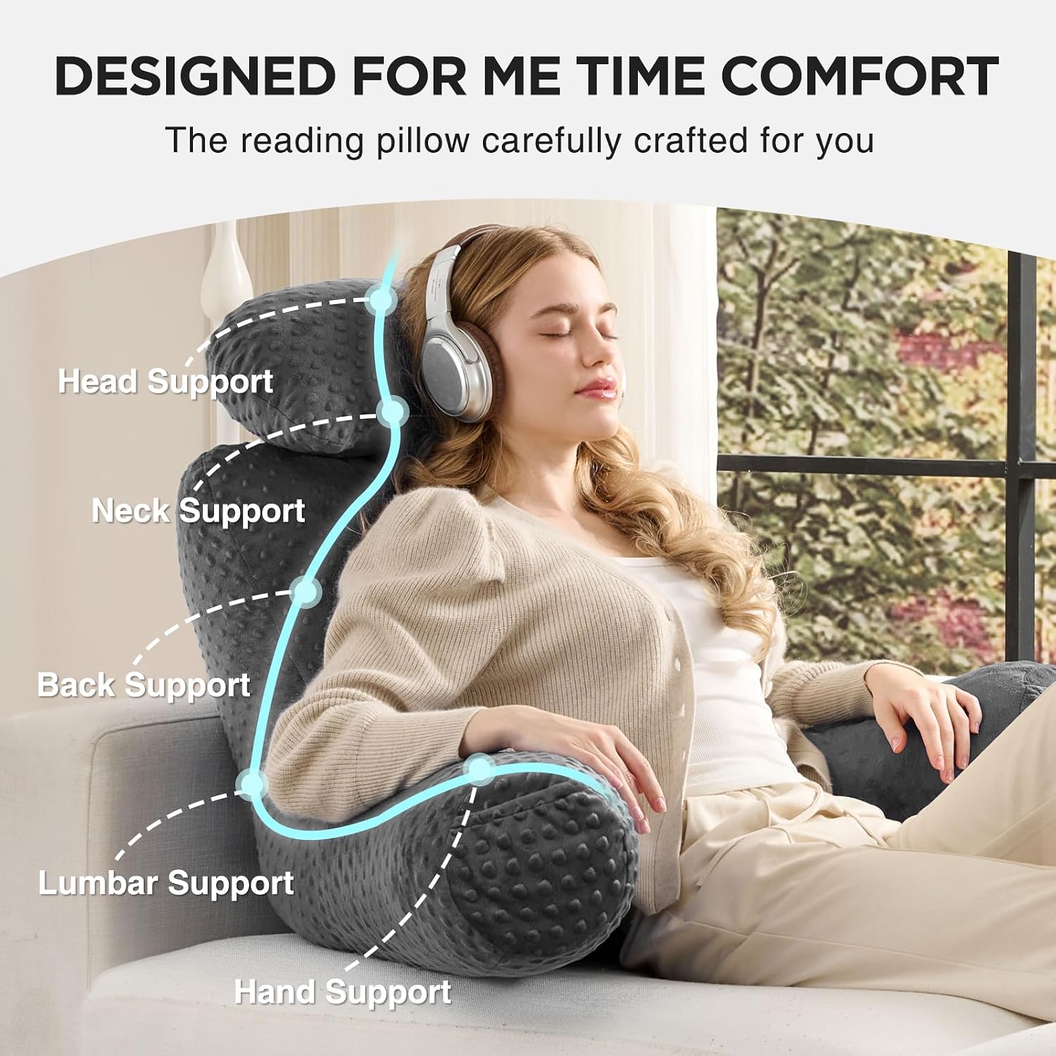 Reading Pillow for Sitting in Bed Couch Adult, Back Pillow for Bed Sitting Up, Back-Rest Support Cushion with Pockets and Arms, Watching…