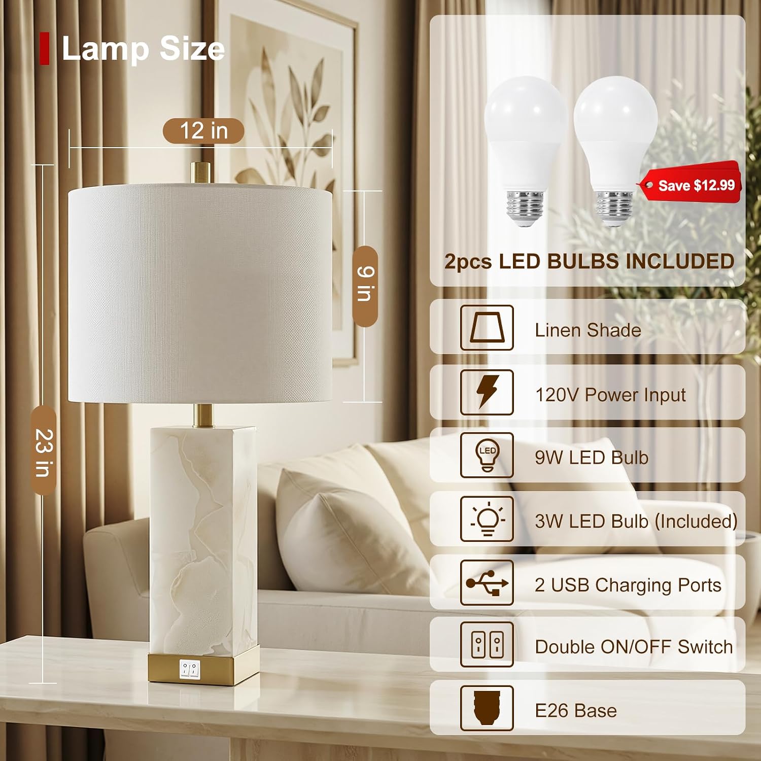 Scenekoy 23" Alabaster Table Lamps Set of 2 for Living Room Bedroom, Bedside Lamps with USB A+C Ports, Modern Table Lamp with Linen Shade…