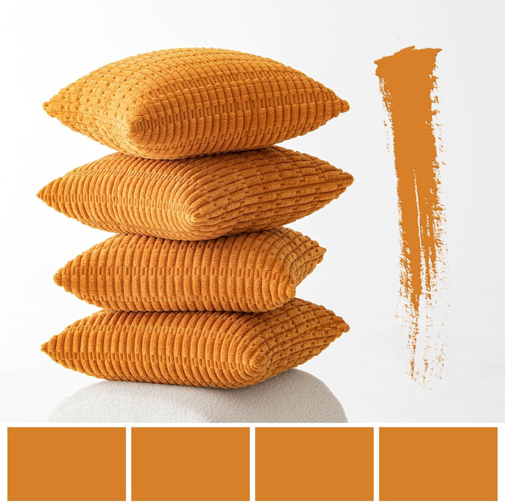 Miulee Pack of 4 Fall Burnt Orange Corduroy Decorative Throw Pillow Covers 18x18 Inch Soft Boho Striped Pillow Covers Modern Farmhouse Home…