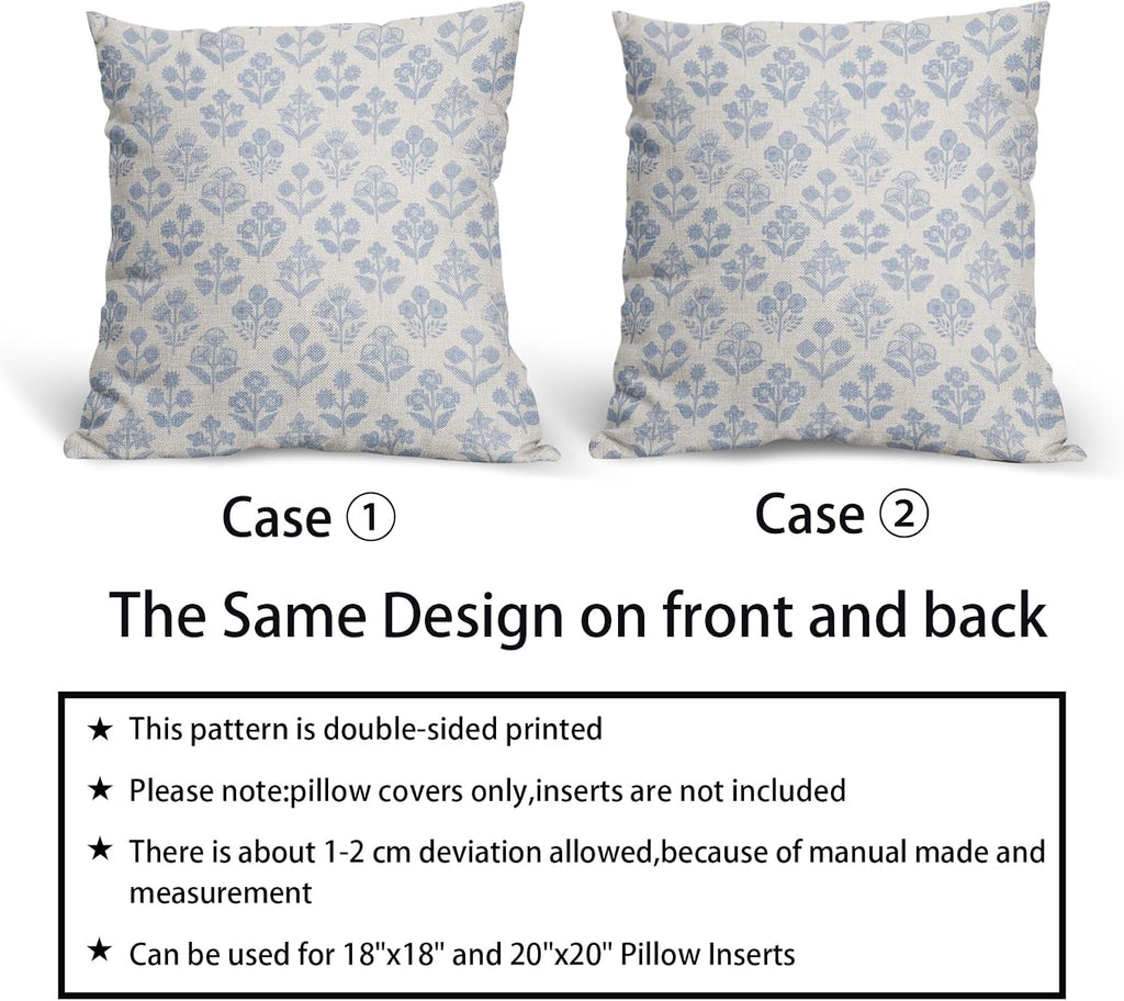 Baby Blue Floral Pillow Covers 20x20 Inch Set of 2, Vintage Flower Block Print Pattern Decorative Throw Pillowcases Outdoor Farmhouse…