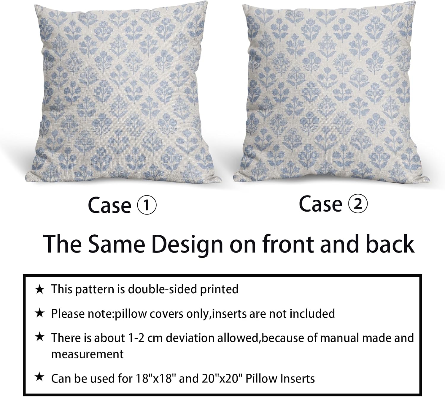 Baby Blue Floral Pillow Covers 20x20 Inch Set of 2, Vintage Flower Block Print Pattern Decorative Throw Pillowcases Outdoor Farmhouse…