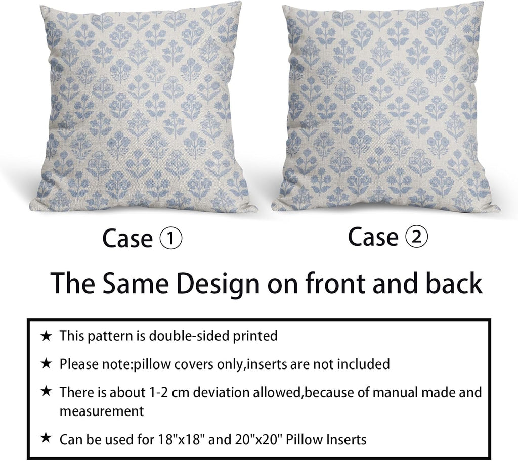 Baby Blue Floral Pillow Covers 18x18 Inch Set of 2, Vintage Flower Block Print Pattern Decorative Throw Pillowcases Outdoor Farmhouse…