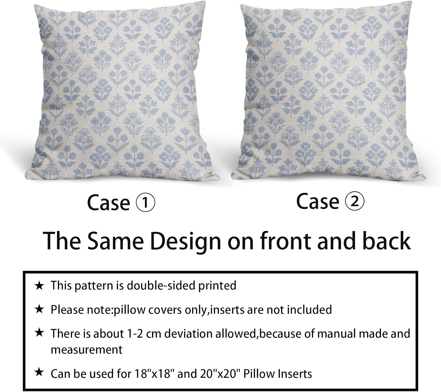 Baby Blue Floral Pillow Covers 18x18 Inch Set of 2, Vintage Flower Block Print Pattern Decorative Throw Pillowcases Outdoor Farmhouse…