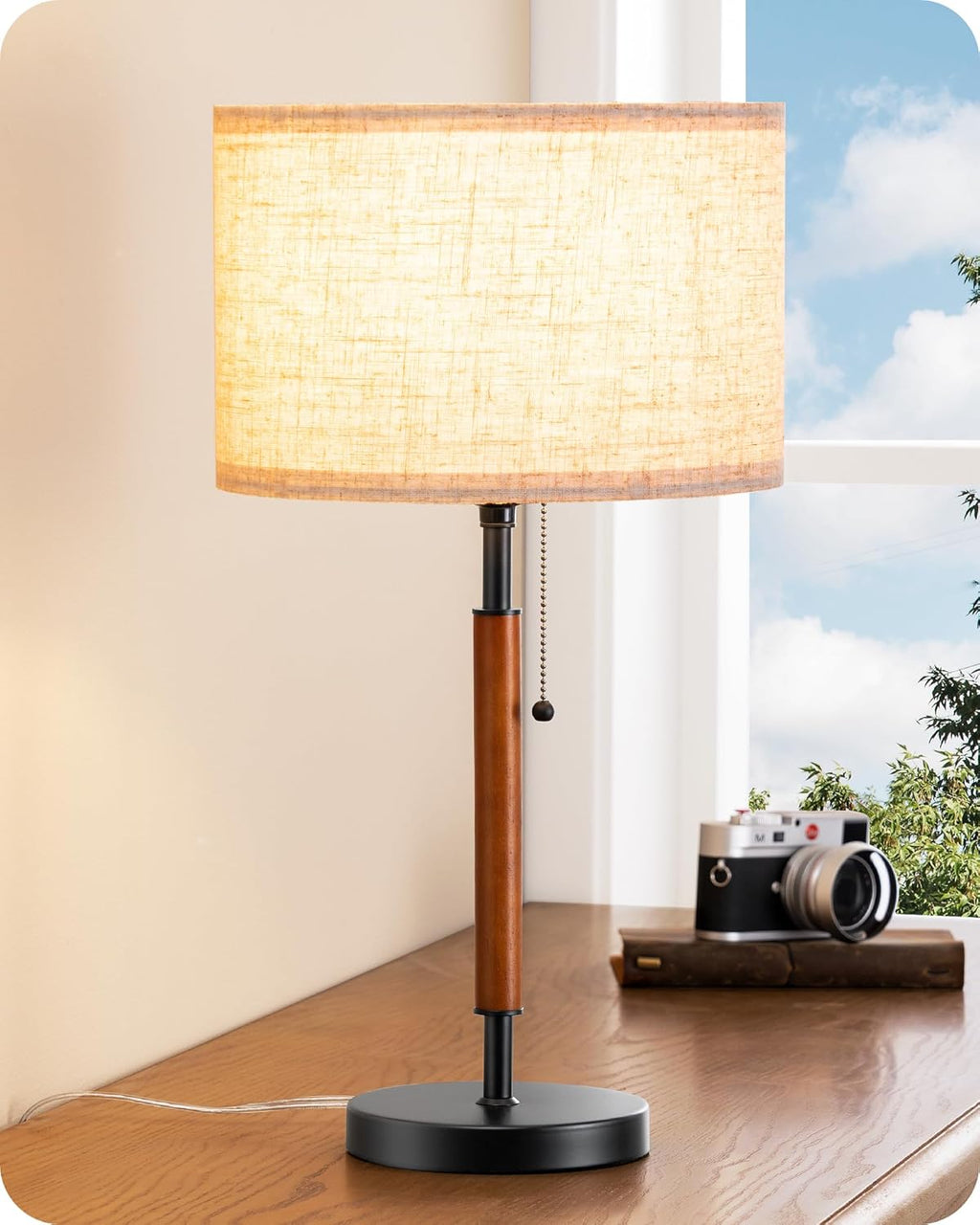 EDISHINE Mid Century Table Lamp, Pull Chain Switch Bedside Lamp with Linen Shade, Solid Wood Pole & Black Metal Base, Modern Nightstand…