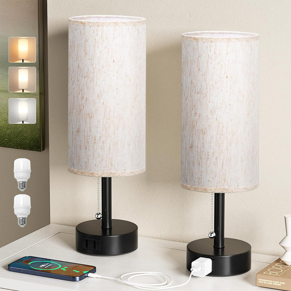 Bedside Table Lamps Set of 2-3 Color Temperatures Pull Chain Lamp with AC Outlet Charging Port, Small Round Night Stand Lamps for Bedroom…