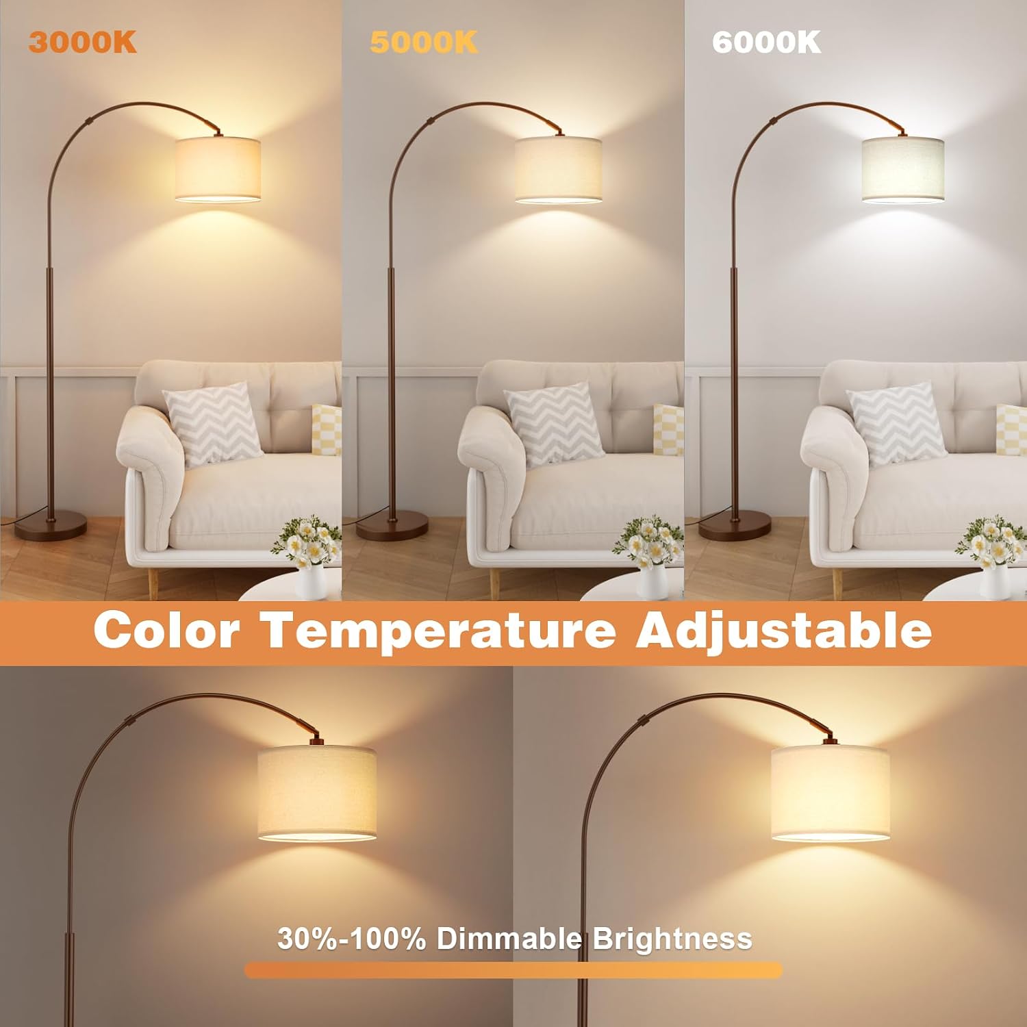 Ambimall Dimmable Arc Floor Lamp with Remote, Color Temperatures and Brightness Adjustable, Arched Floor Lamp with Rotating Head, Over…