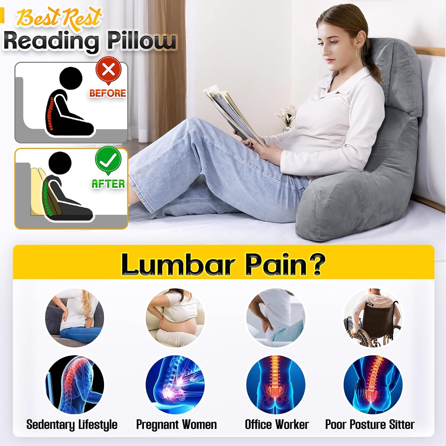 Asawesling Reading Pillow & Lap Pillow for Gaming, Back Cushion for Bed Sitting Up, Backrest Pillow for Sitting in Bed, Couch or Floor Cott…