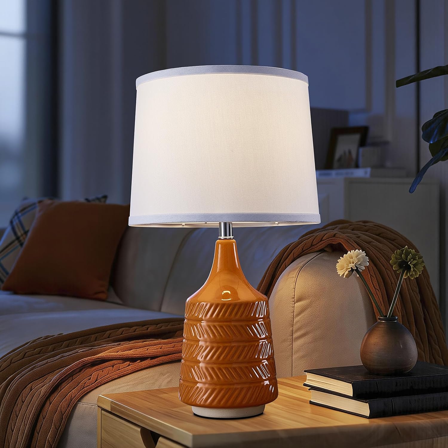 Orange Ceramic Table Lamps Set of 2, 18.5" Modern Bedside Lamps for Night Stands, Classic Small Lamps for Living Room End Tables…
