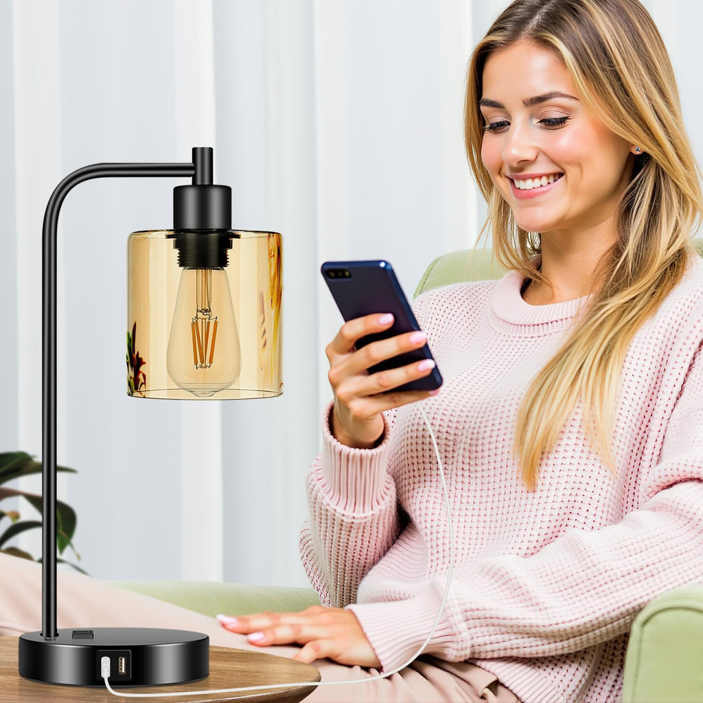 Set of 2 Industrial Touch Control Table Lamps with 2 USB Ports and AC Outlet - 3-Way Dimmable Black Bedside Lamp Nightstand Desk Lamps…