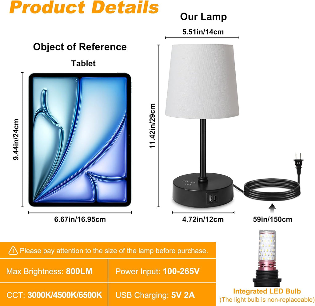 Ascher Small Bedside Table lamp, RGB Color Changing Lamps, 3 Color Temperatures, Dimmable Nightstand Lamp with USB C+A Ports, Touch Desk…