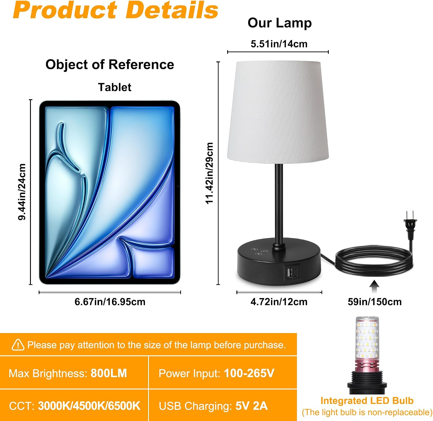 Ascher Small Bedside Table lamp, RGB Color Changing Lamps, 3 Color Temperatures, Dimmable Nightstand Lamp with USB C+A Ports, Touch Desk…