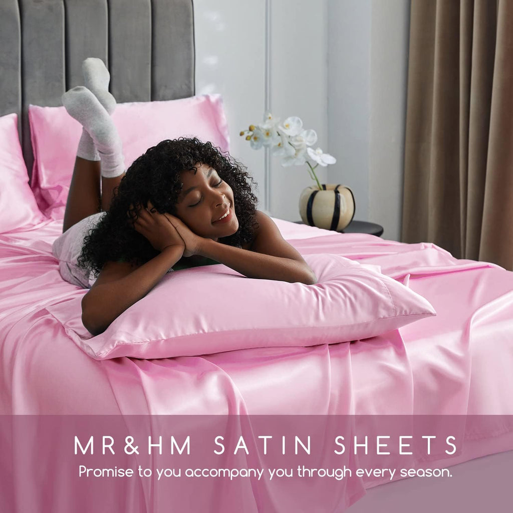 MR&HM Satin Bed Sheets, King Size Sheets Set, 6 Pcs Silky Bedding Set with 15 Inches Deep Pocket for Mattress (King, Pink) 6 Pcs 15 In…