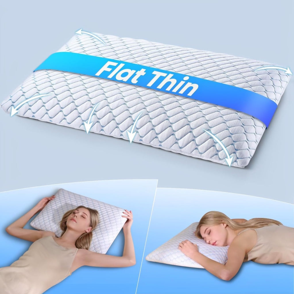 3.25" Ultra Thin Memory Foam Pillow with Cool-to-Touch Cover, Low Profile Flat Bed Pillow for Back & Stomach Sleepers, Standard Size