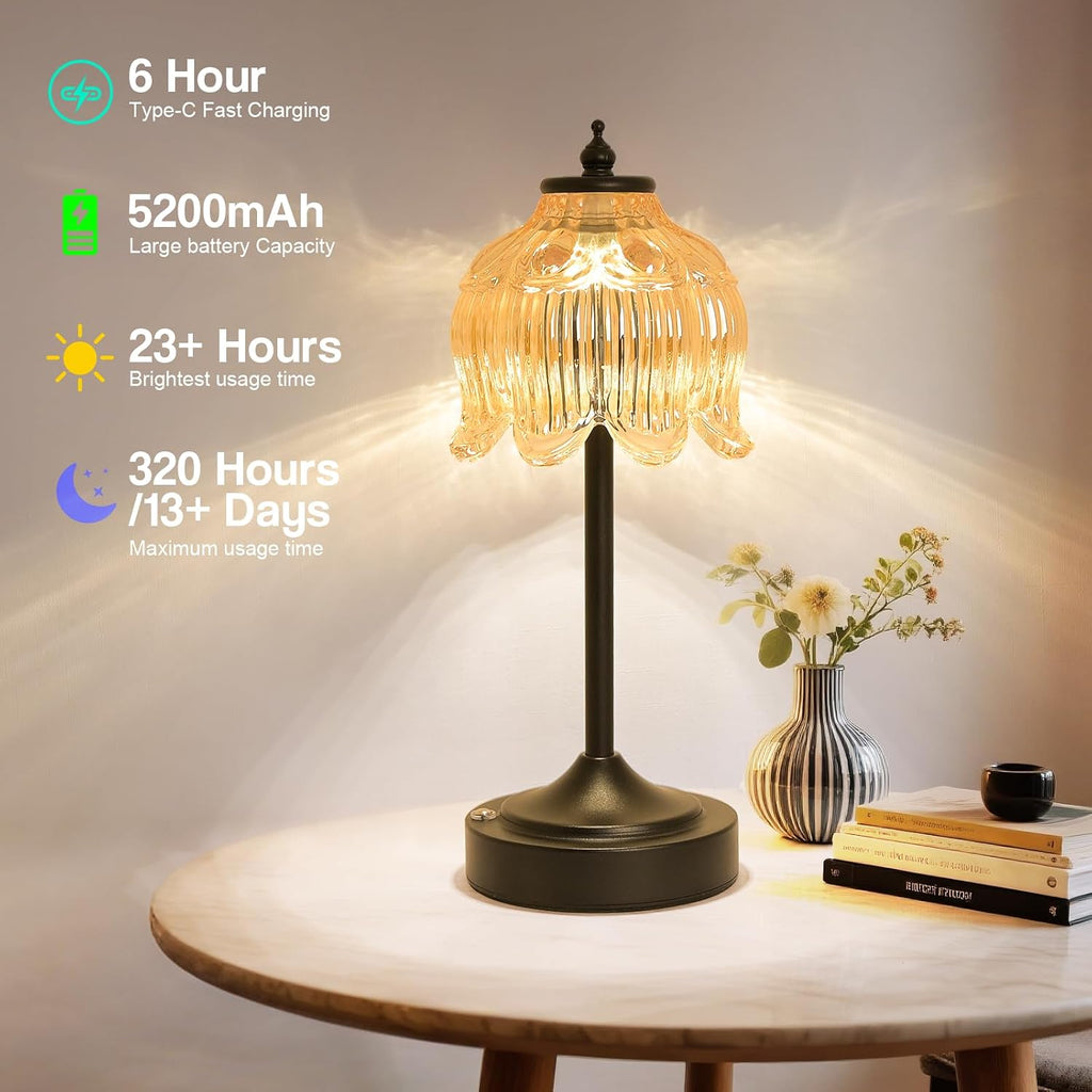 Cordless Lotus Flower Table Lamp, 5200mAh Rechargeable Battery Operated Portable Lamp, 3-Color Dimmable Touch Control Small Desk Lamp for…