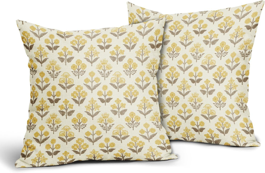 Brown Yellow Floral Block Print Pillow Covers 20x20 Inch Set of 2, Vintage Flower Pattern Decorative Throw Pillowcases Outdoor Farmhouse…