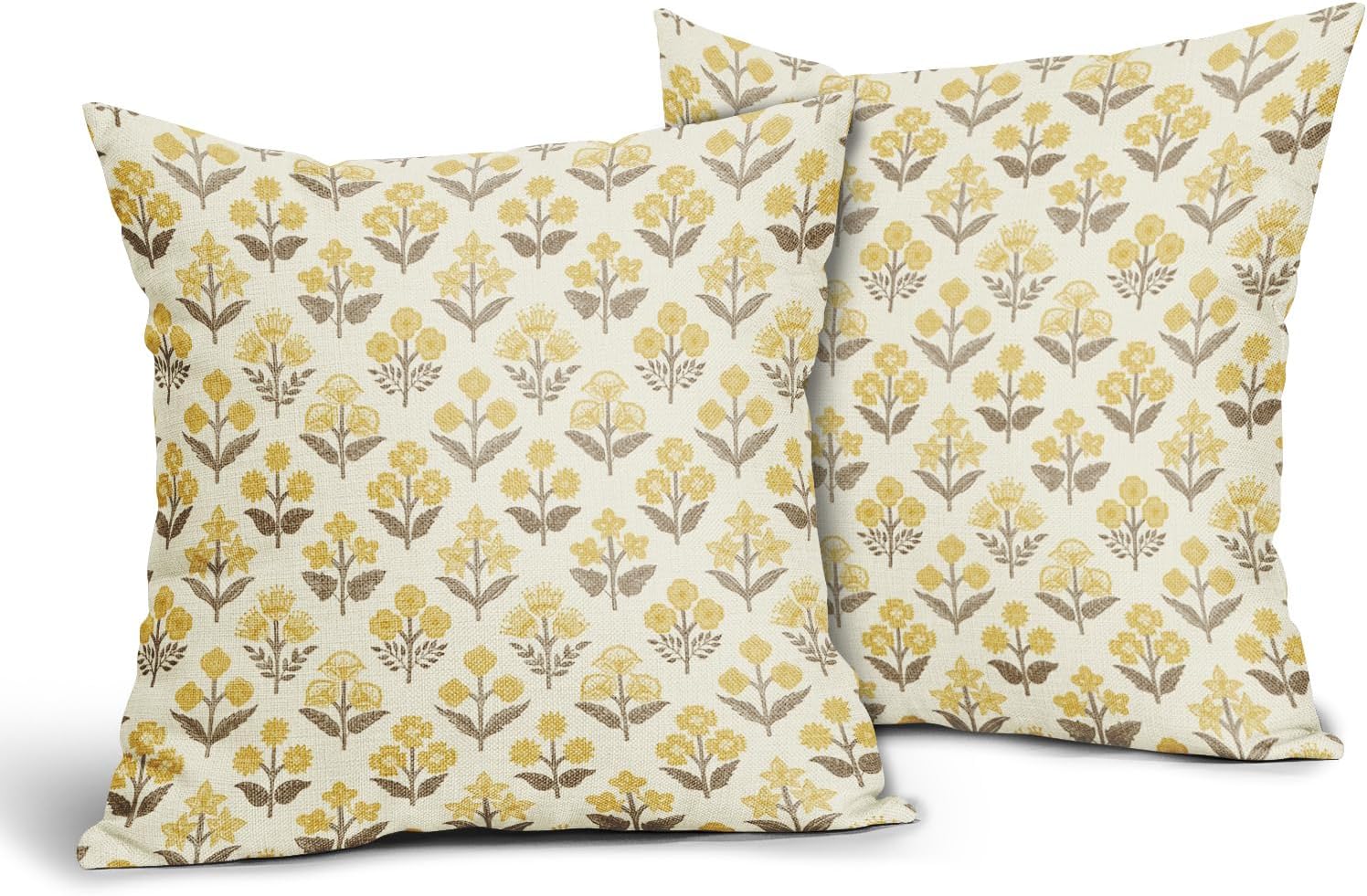 Brown Yellow Floral Block Print Pillow Covers 18x18 Inch Set of 2, Vintage Flower Pattern Decorative Throw Pillowcases Outdoor Farmhouse…
