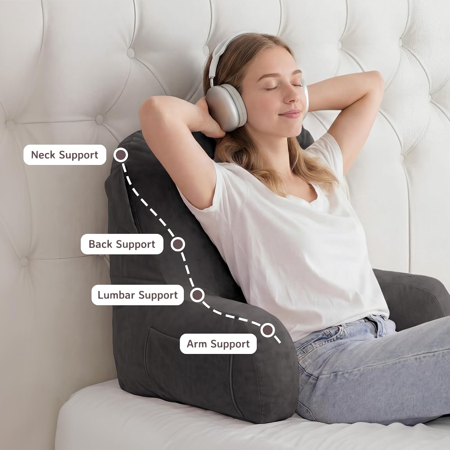 Unisakey Portable Comfy Reading Pillows for Bed Sitting Up(Light Grey Oeko-Tex), Velvet Back Pillow with Arms & Pockets for Adults…