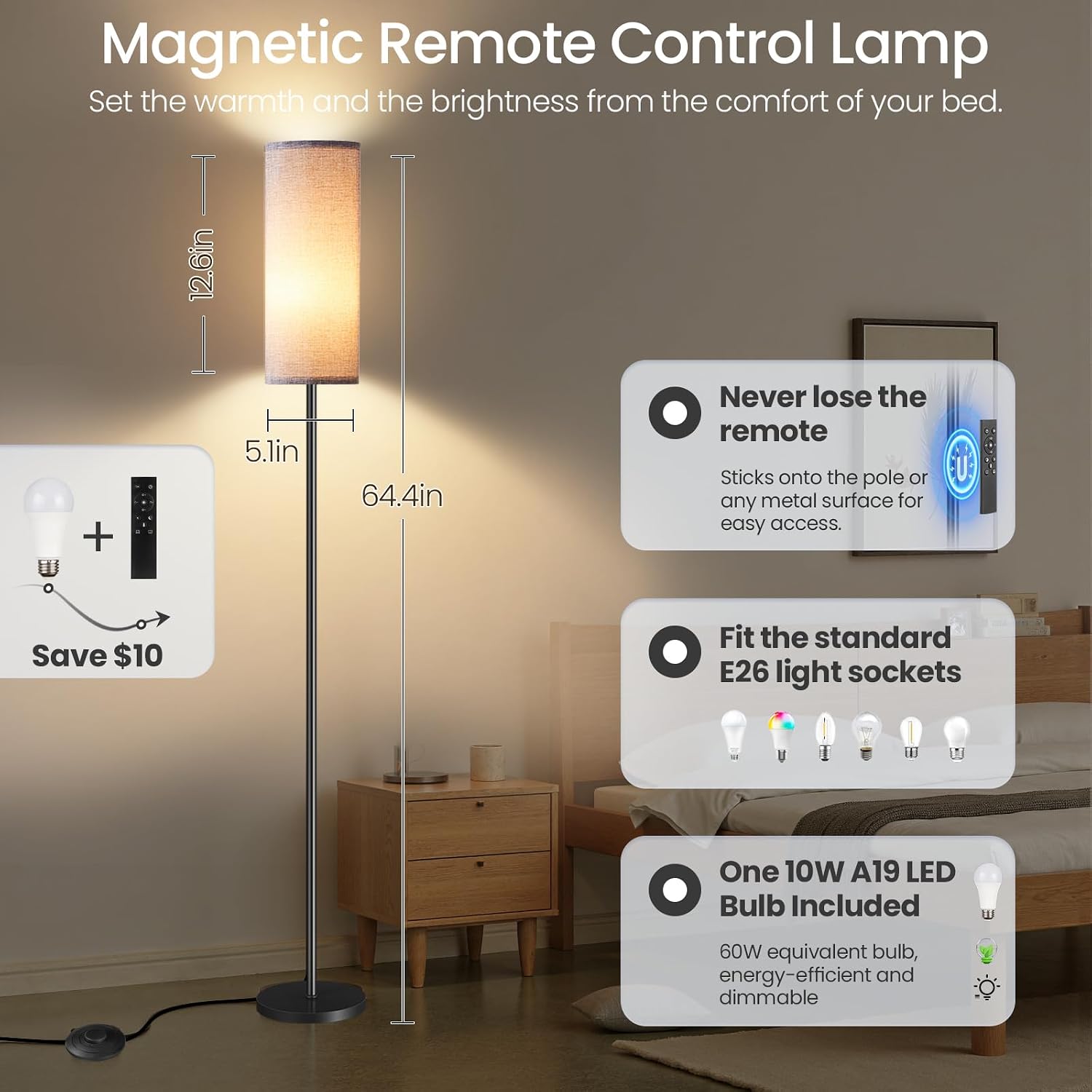 Dimmable Gray Floor Lamp for Living Room with Remote and Foot Switch, Corner Floor Lamp for Bedroom, Modern Standing Tall Lamp, 10W 900LM…