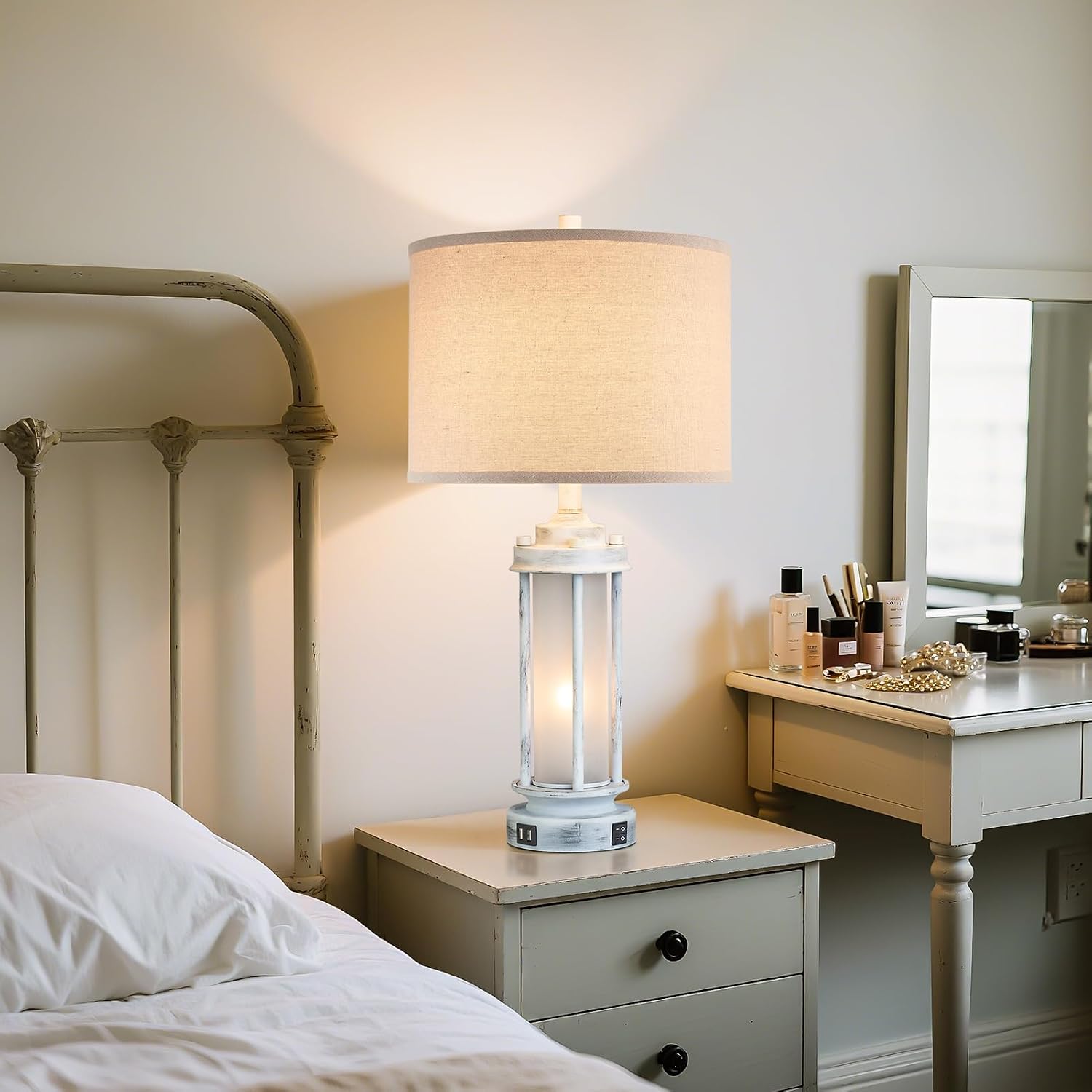 AIEAMPDO 25" Rustic Table Lamps Set of 2, Vintage Nightstand Lamps with 2 USB Ports, Farmhouse Antique White Desk Lamp with Glass Night…