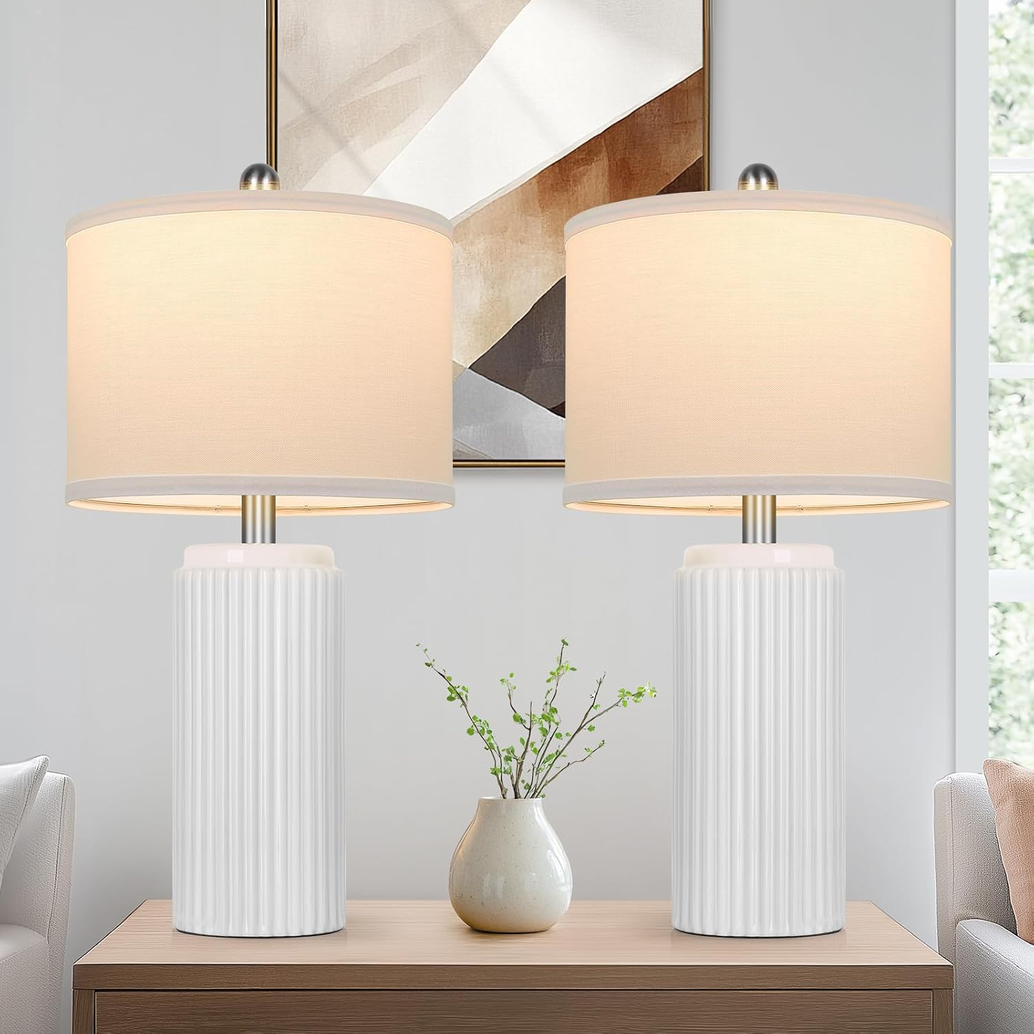 Tobusa 23.5’’ Modern White Ceramic Lamps Set of 2, Living Room Retro Side Table Lamps, Farmhouse Bedside Nightstand White Lamps for Bedroom…
