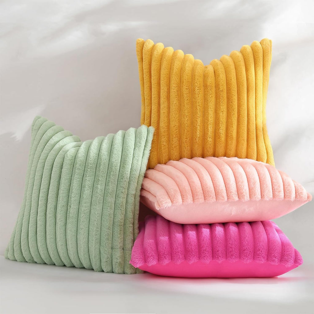 decorUhome Summer Cozy Faux Fur Throw Pillow Covers 24x24 Set of 2 Decorative Plush Striped Modern Farmhouse Boho Couch Euro Sham Pillow Ca…