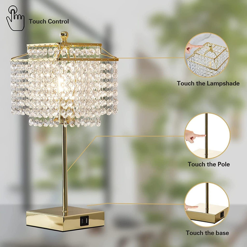 Luvkczc Set of 2 USB Bedside Crystal Table Lamp Gold, Touch Control Lamp, Dimmable Lamp with Crystal Shade for Bedroom, Living Room, 6W…