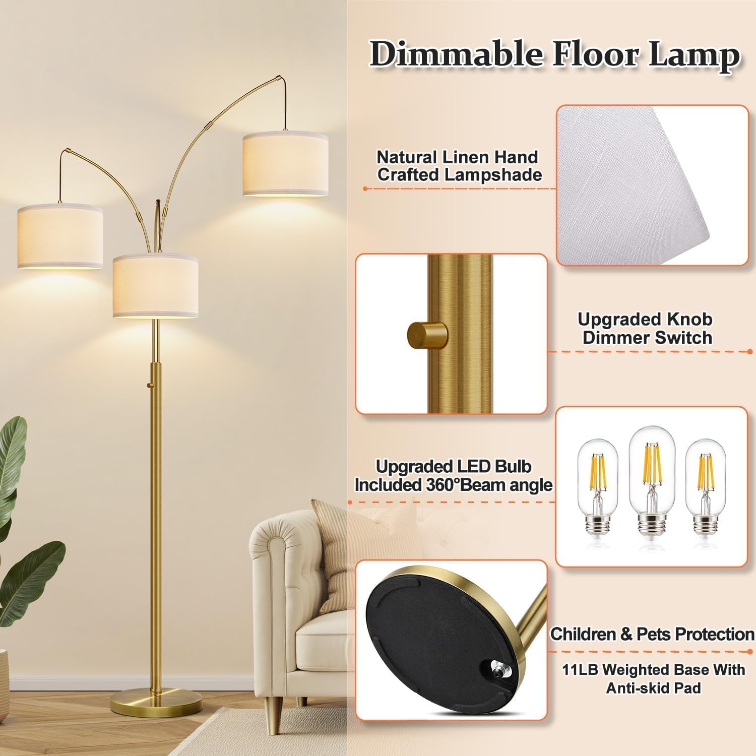 Nintiue Dimmable Floor Lamp - 3 Lights Brass Arc Floor Lamps for Living Room, 1000LM Modern Tall Standing Lamp with Linen Shades, Mid…