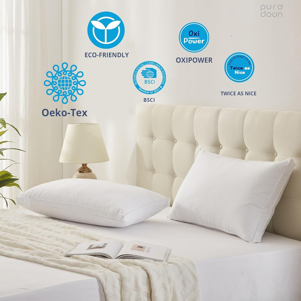 Puredown Goose Down Feather Pillows with 100% Cotton Cover, Soft Gusseted Bed Hotel Collection Pillows for Sleeping, Set of 2, Queen Size C…