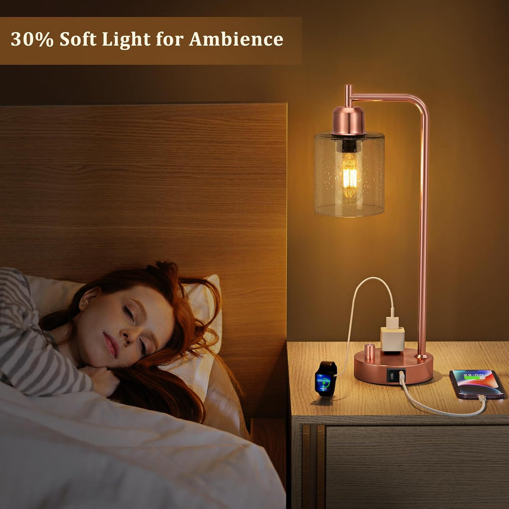 Innqoo Copper Industrial Bedside Table Lamp for Bedroom - Nightstand Lamps with USB C Charging Port, Fully Dimmable Black Ports and…