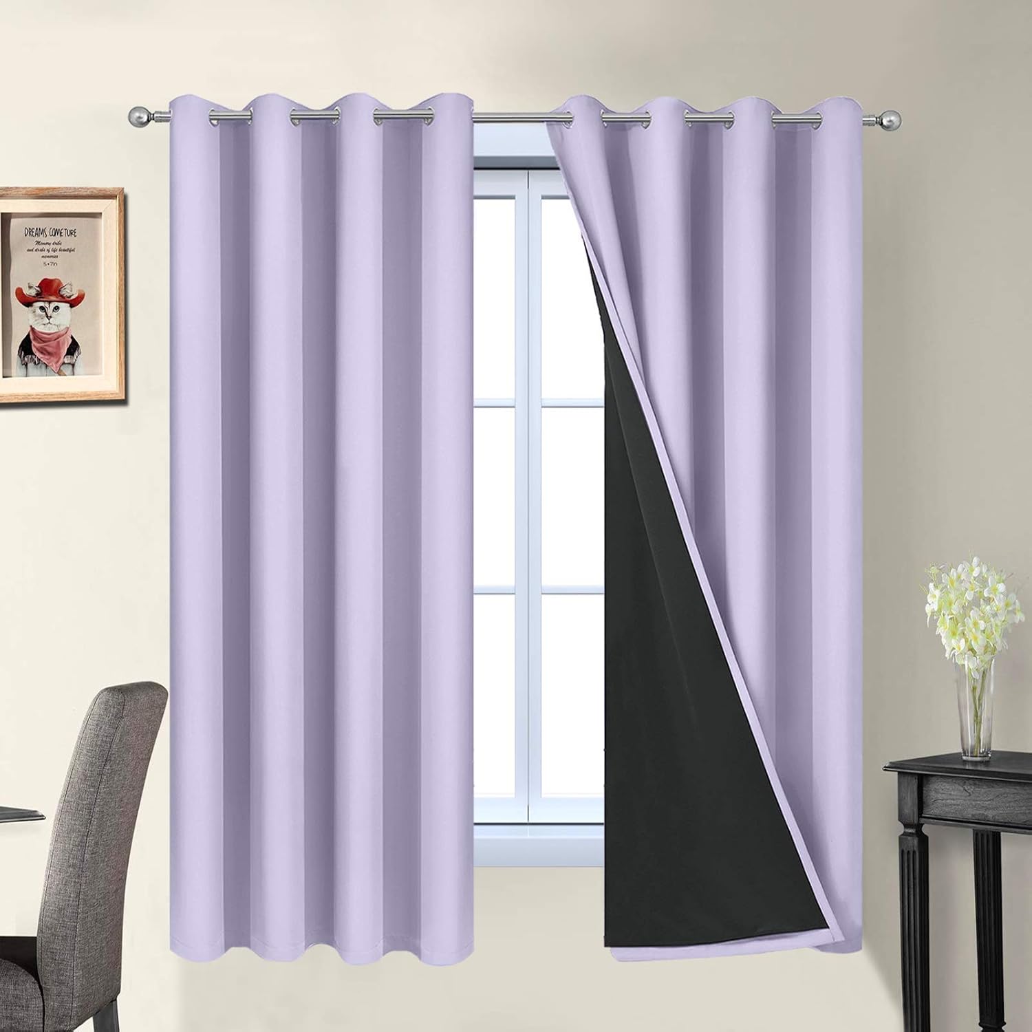 Yakamok 2 Thick Layers Completely Blackout Window Treatment Thermal Insulated Drapes for Girl's Bedroom(52Wx63L, Lilac, 2 Panels) 1.6 inch…