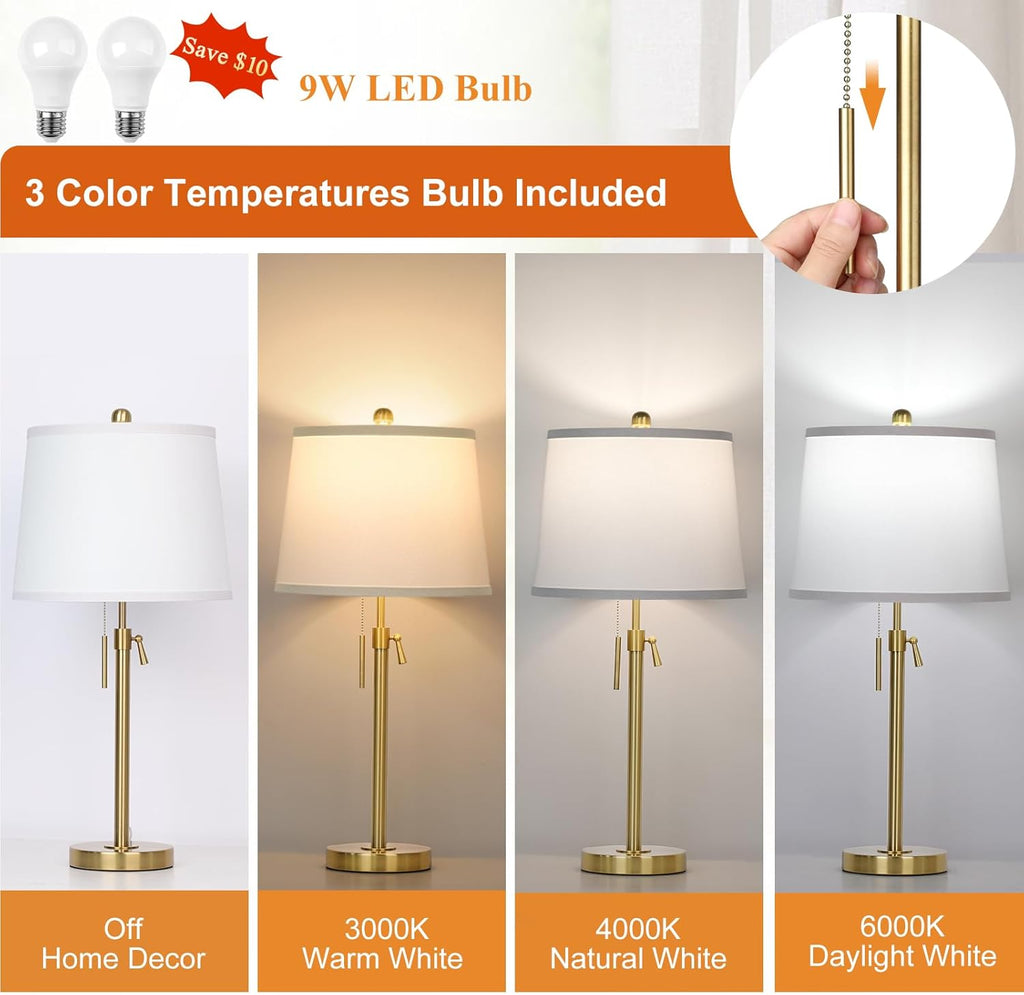 JUNNAI 2 Pack 22"-30" Adjustable Height Table Lamps Set, Modern Gold Table Lamps with White Shade 3 Colour Temperature Pull Chain Tall…