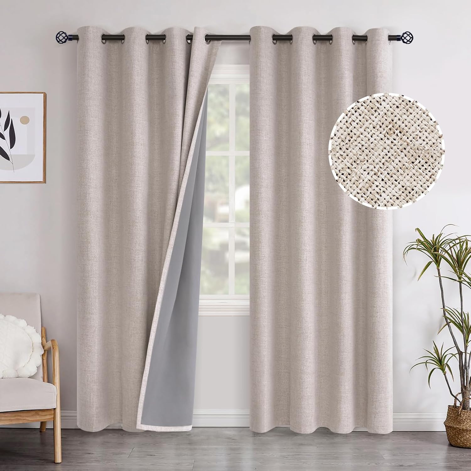 YoungsTex Beige Linen Blackout Curtains 84 Inch Length for Living Room, Thermal Insulated Winter Drapes with Grommet Room Darkening Thick P…