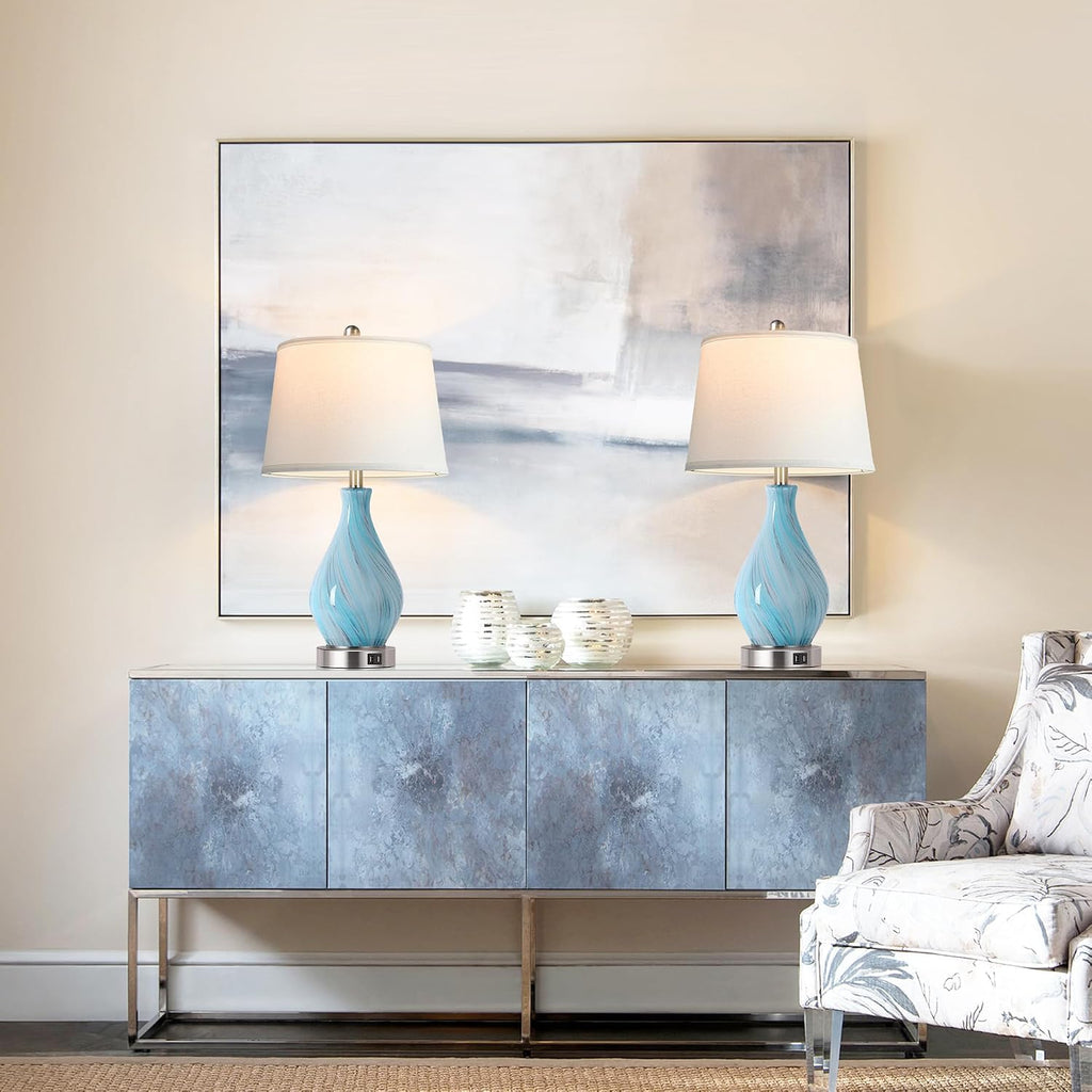 Modern Accent Table Lamp Set of 2 Touch Control, 22" Faded Swirl Blue Gray Art Glass Bedside Lamp with USB Ports, 3-Way Dimmable Hand…
