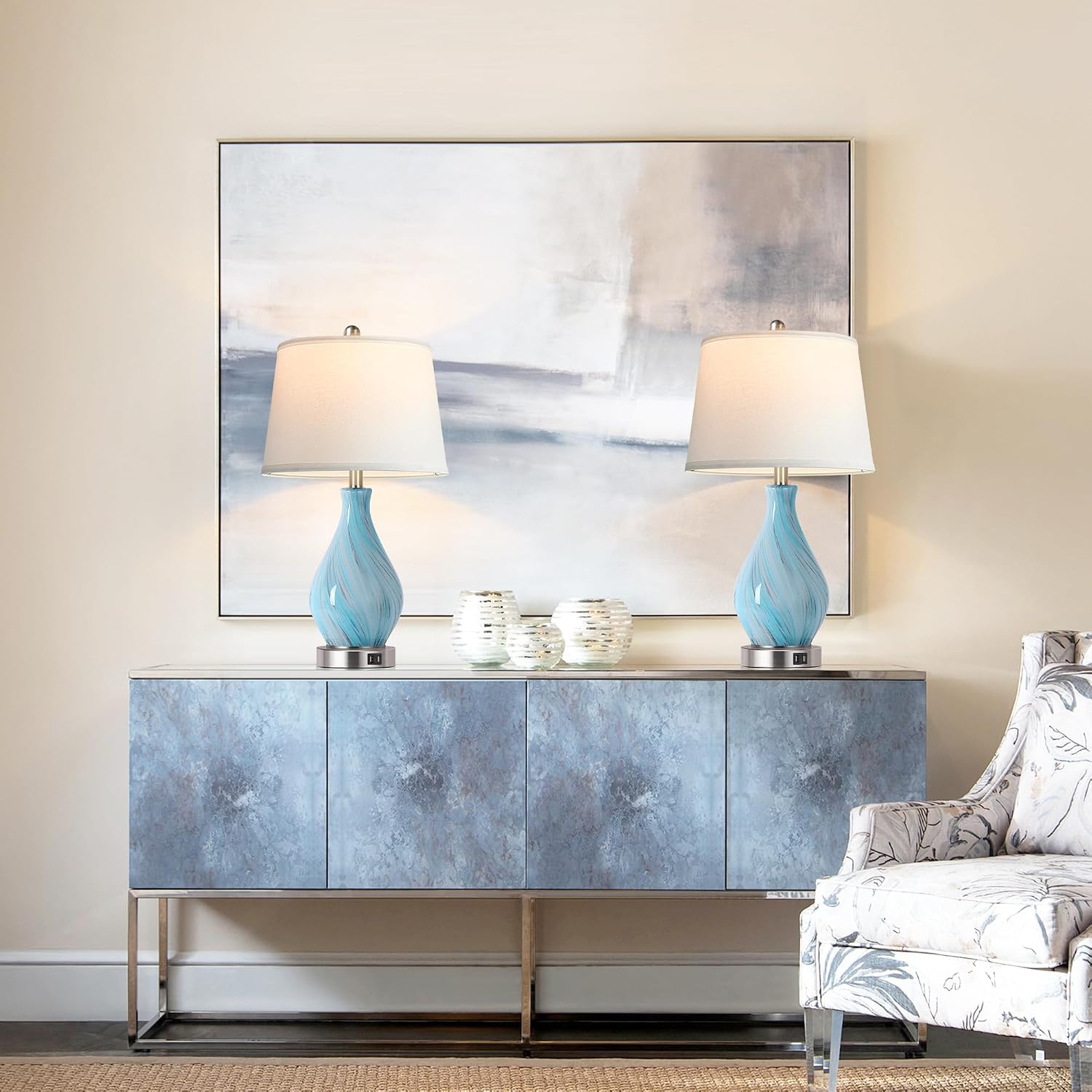 Modern Accent Table Lamp Set of 2 Touch Control, 22" Faded Swirl Blue Gray Art Glass Bedside Lamp with USB Ports, 3-Way Dimmable Hand…