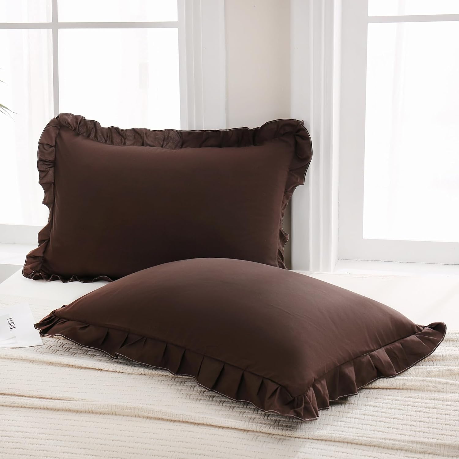 Merryword Dark Brown Pillow Shams Chocolate Queen Pillowcases Cute Pillow Cover Set of 2 Soft Shabby Chic Ruffled Pillowcases 2 Pack (Queen…