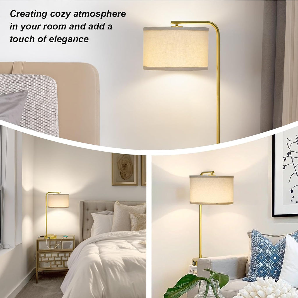 Fully Dimmable Bedside Lamp with C+A USB Ports, Mordern Gold Nightstand Lamp Desk Reading Lamp with Beige Drum Shade, Tall Side Table…