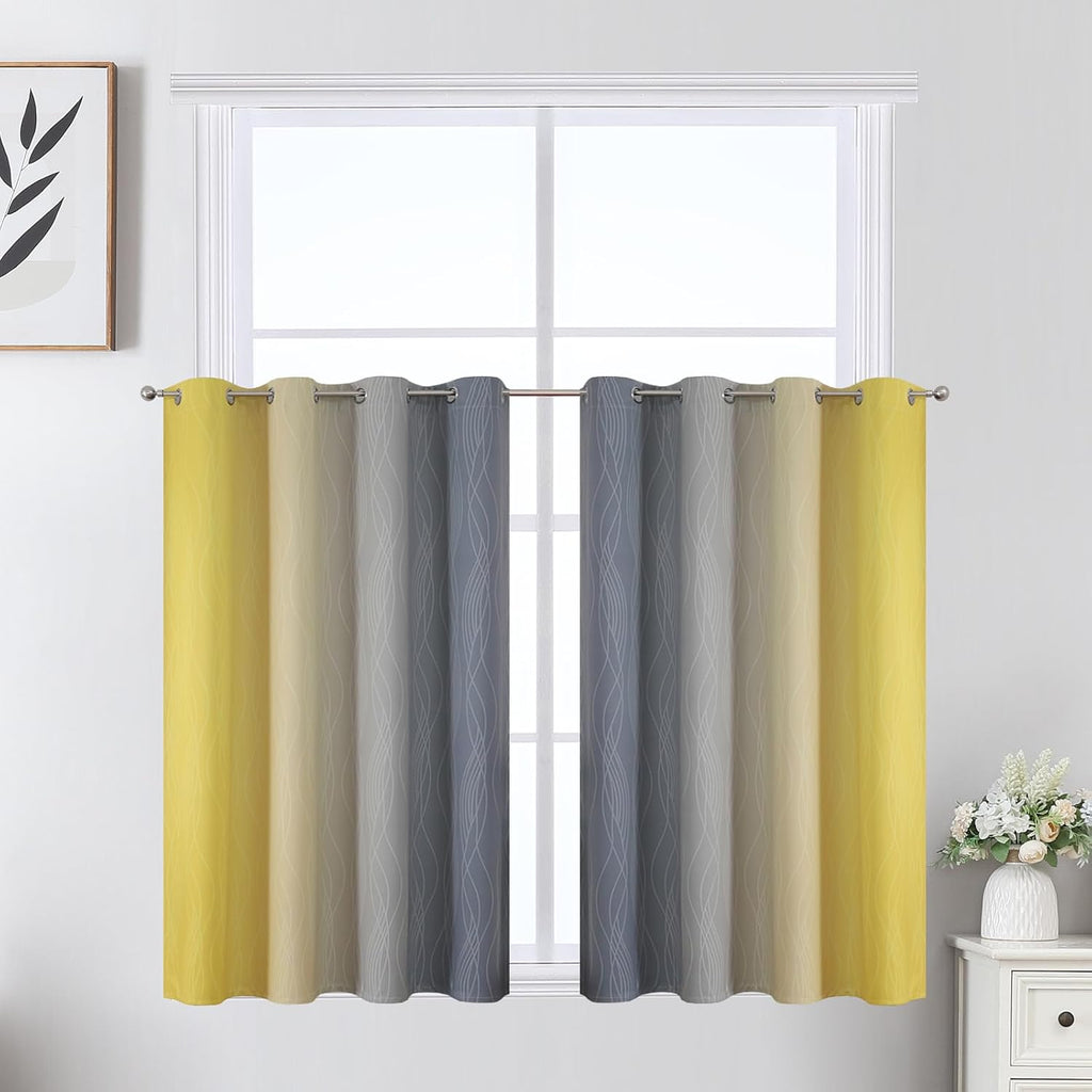 Estelartextiler Estelar Textiler Grey and Yellow Ombre Short Blackout Curtains 36 Inch Long, Thermal Insulated Grommet Small Half Window Dr…