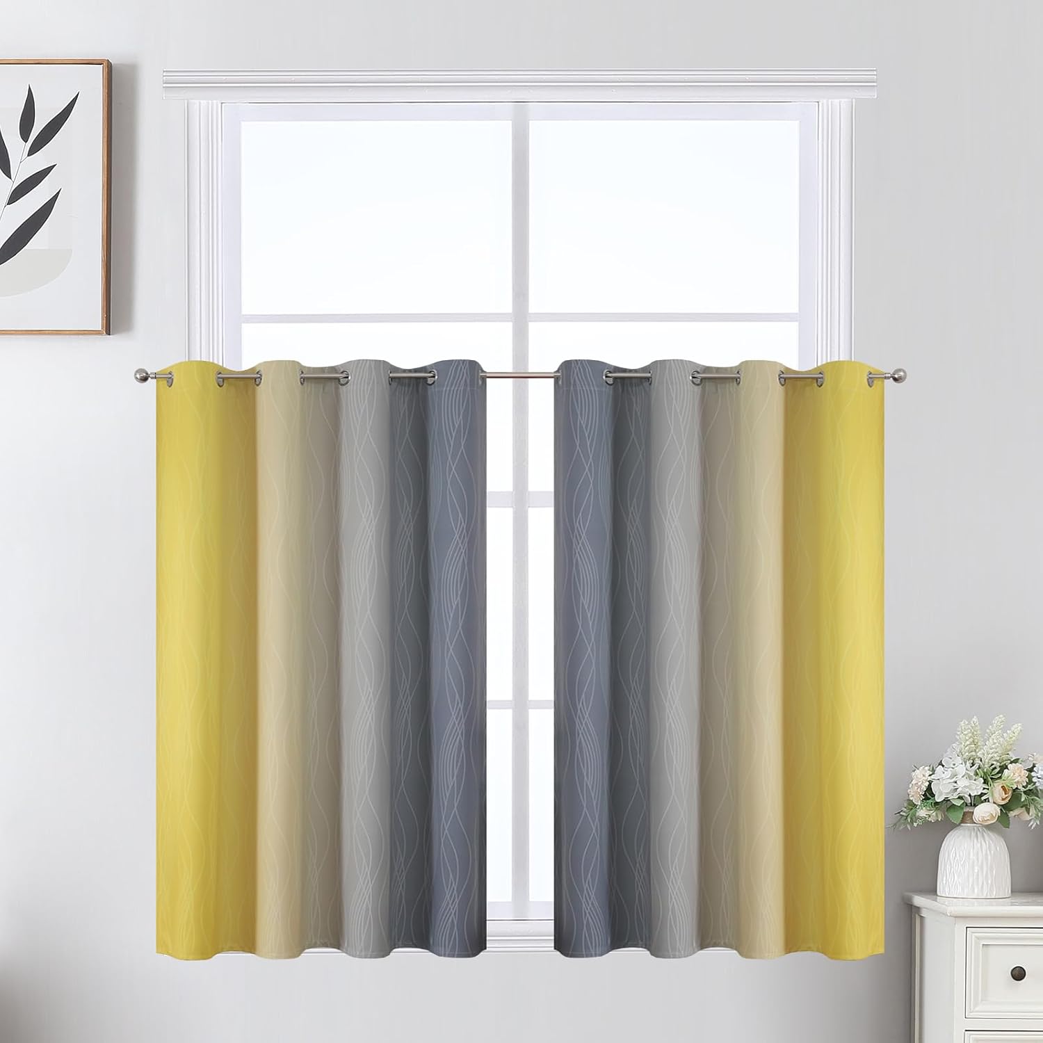 Estelartextiler Estelar Textiler Grey and Yellow Ombre Short Blackout Curtains 36 Inch Long, Thermal Insulated Grommet Small Half Window Dr…