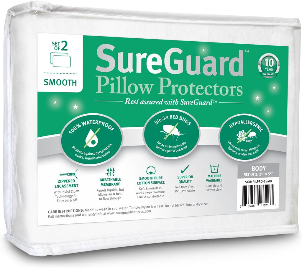 SureGuardMattressProtectors Set of 2 Body Size SureGuard Pillow Protectors - 100% Waterproof, Bed Bug Proof, Hypoallergenic - Zippered Cott…